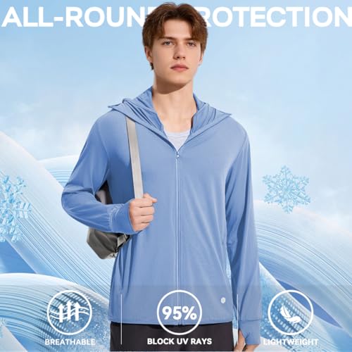 Venzina® UPF 50+ Sun Jacket for Men Lightweight UV Sun Protection Hoodie with Chin Strap, Quick Dry Sunscreen Clothing Long Sleeve Sun Shirts for Hiking Fishing, Blue, XL