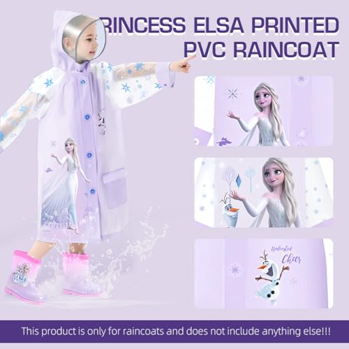 PALAY Raincoat for Kids Girls with Pockets, EVA Hooded Poncho with School Bag Rain Cover, Cartoon Printed Knee Length Long  Kids Rain Coat with Pocket (L)