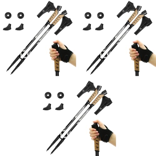 Proberos® 1Pair Trekking Poles with Grab Straps 53 in Telescopic Right Left Hand Sticks 260g Aluminum Alloy Hiking Tungsten Tips Anti-Slip Cork Handle Design Black 3PCS