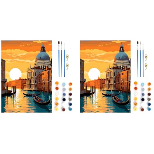 HASTHIP® Paint by Numbers Sunset Riverside Town Landscape Acrylic Oil Painting DIY Canvas Art Craft Wall Home Decor Gift Kit with Tools Pigments No Frame 16x20 inches 2 PCS