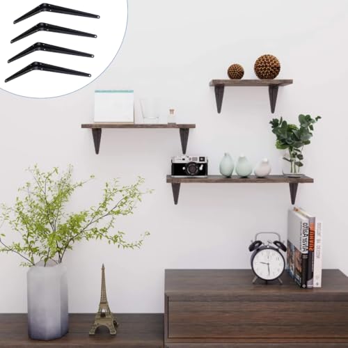 HASTHIP® 12 Inch Shelf Brackets Set of 8 , Floating Shelf Bracket for Wood, Black Metal L Bracket for Shelves Support, Wall Mount Corner Brace-Black