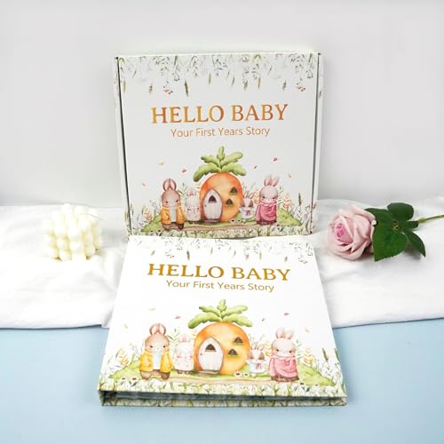 SNOWIE SOFT Baby Memory Book Cute Bunny Hard Cover 100 Page Baby Newborns Growth Record Book Mother to be DIY Photo Scrapbook Baby Milestone Book for 0-5 Years Old Baby Shower Gift New Parents Gift