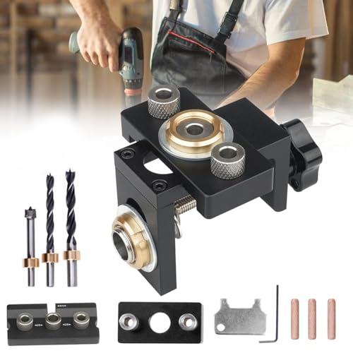 Serplex® 3 in 1 Dowel Jig Drill Kit, Woodworking Dowel Drilling Guide Set with 8/10/15mm Hole Dowel Pins, Adjustable Pocket Hole Jig Kit with Positioning Clip Adjustable Drill Guide Puncher Locator