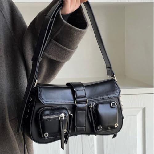 PALAY® Shoulder Bag for Women Black PU Hobo Fashion Dainty Casual Hand Chic Punk Multipocket Zip-up Evening Bag 27x7x16cm 2PCS
