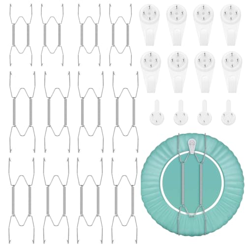 HASTHIP® 12Pcs Invisible Wall Plate Hangers, Stainless Steel Dish Display Plate Metal Hangers, Spring Hook Holder with 12 Pieces Wall Hooks for Decorative Plates and Art (Silver, 6/8/10 Inch)
