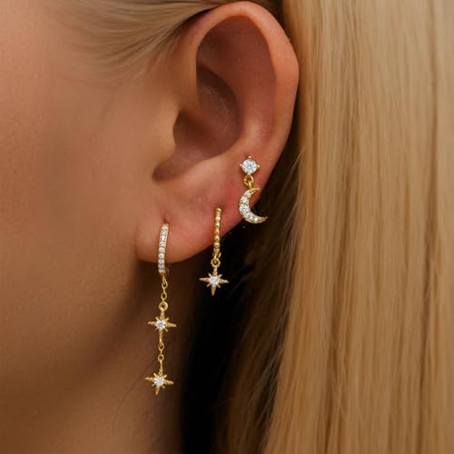 SANNIDHI® 3 Pairs Earrings Set for Women Gold Stud Hoop Moon Star Combo Multiple Piercing 3PCS