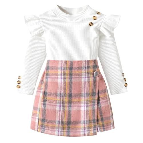 PALAY® Baby Toddler Girl Clothes Kit Girls Set of 2Pcs Top and Shorts Long Sleeve Ruffle Shirt Base Top and Plaid Skirt Shorts for Girls 3-4 Years Old, Size 110cm