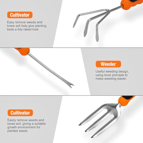 HASTHIP Gardening Tools Set of 7Pcs Heavy Duty Stainless Steel Garden Planting Tools Home Gardening Tool Set with Pruning Shear, Gardening Fork, Trowel, Shovel, Weeder Tool, Seeding Tool, Tool Bag