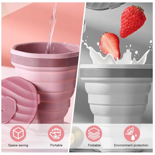 HASTHIP® 2 Pack Collapsible Cup for Travel Accessories 220ml Silicone Foldable Glass with Lids Handles Reusable Expandable Drinking Cup Camping Outdoor 2PCS