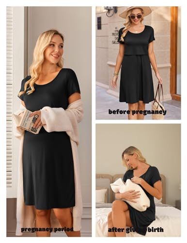 SANNIDHI® Women's Nursing Dress Summer Short Sleeve Patchwork Maternity Breastfeeding Knee Length Dress Black XL