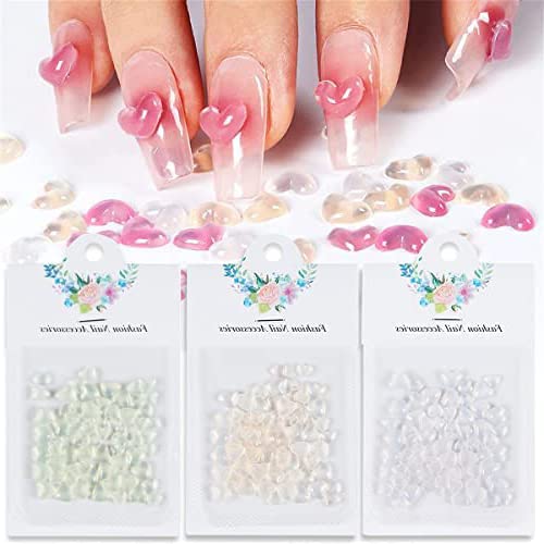 HASTHIP® 225Pcs 3D Resin Peach Heart Nail Love Rhinestone & Nail Art Sticker, 3 Colors Mixed Size After Light Changes Color for Nail Art Decoration