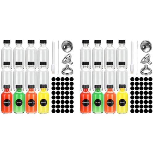 HASTHIP® 24PCS Small Glass Bottles with Lids 16Oz 60ml Glass Container Set with 3 Funnels Label Stickers Marker Pen Reusable Shot for Juice Ginger Drinks Alcohol Transparent