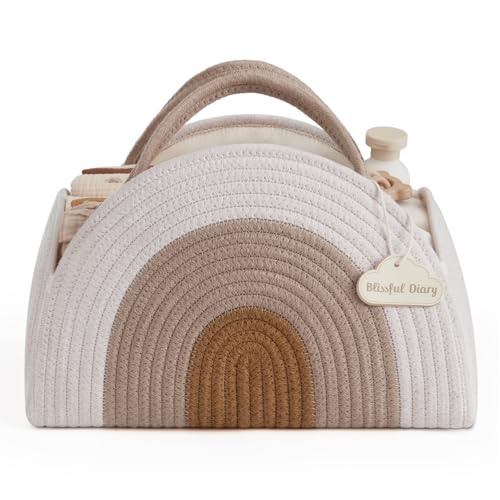 SNOWIE SOFT Baby Diaper Bag Travel Baby Baskets for New Born Cute Cotton Rope Woven Baby Things Organizer Caddy Basket Bag Organizer Baby Shower Gifts New Born Essentials, 32x20x22cm