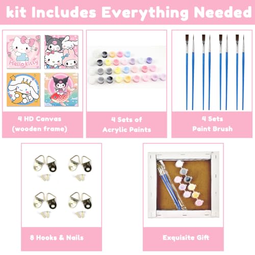 HASTHIP® Pack of 4 DIY Oil Painting Kit, Paint by Numbers with Frame, Kawaii Cartoon Oil Art Painting Wall Hanging DIY Canvas Painting with Painting Tool Kit Wall Decoration DIY Gift 7.8x7.8inch