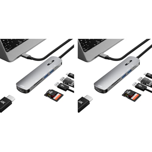 Verilux® USB C HUB 6 in 1 to HDMI Adapter 4K 30Hz 3.0 2.0 Multiple Port SD TF Card Reader PD 100W Charging Type for Laptop MacBook Pro Air Long Cable 20CM 2PCS