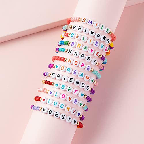 SANNIDHI® 12pcs Heishi Surfer Beads Bracelet for Girls Women, Colorful Elastic Friendship Bracelets Set, Acrylic Letter Seed Beads Cheer Bracelets Bulk, Stackable Kids Jewelry Gift