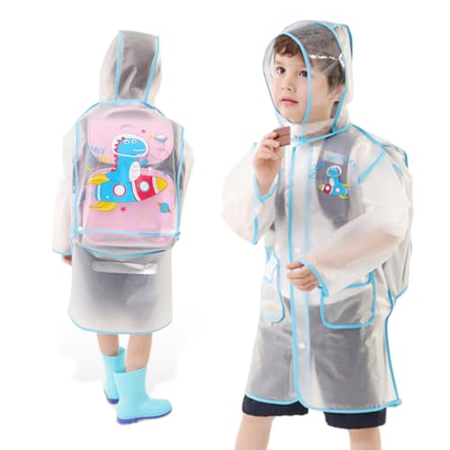 PALAY Kids Raincoat 3-5 Years Old Toddlers Raincoat Cartoon EVA Rain Jacket Knee Length Raincoat with Hood & Intergrated Backpack Rain Cover Preschool Kids Raincoat for