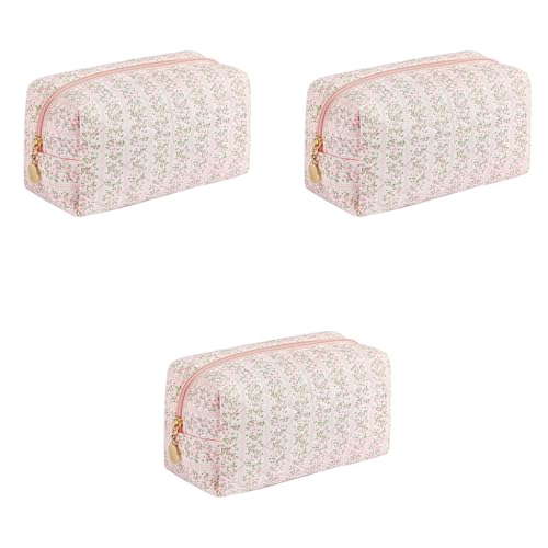 MAYCREATE® Makeup Organizer Bag, Floral Prints Cosmetic Makeup Pouch, Travel Toiletry Pouch for Women, Portable Soft Cloth Storage Bag (Pink, 20.5x9x9.5cm) 3 PCS