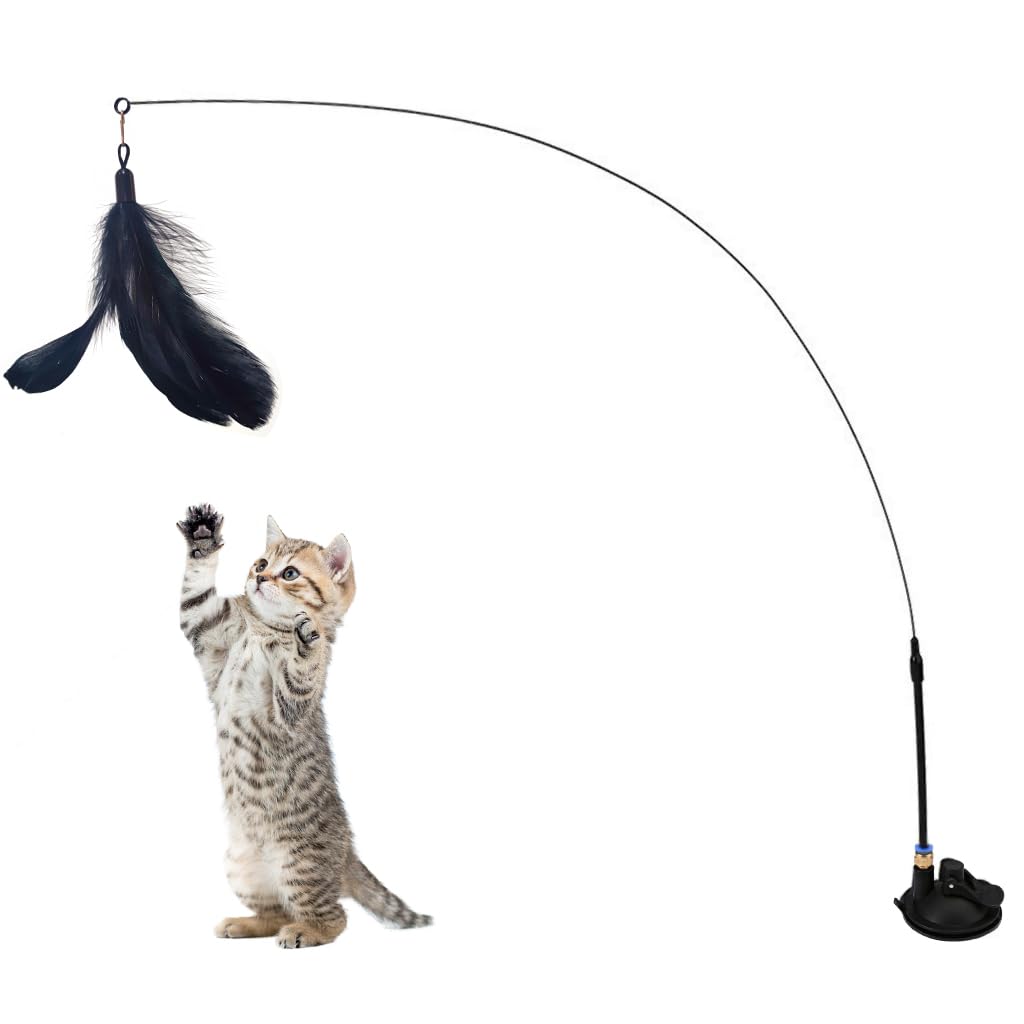 Qpets® Cat Toys, Cat Teaser Toy with Bell, Fixable Cat Interactive Toys with Suction Cup, Elastic Toys for Kittens, Persian Cat Toys and Feather Toys, Funny Cat Playing Toys for Indoor