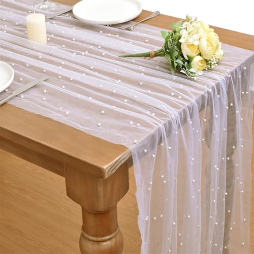 HASTHIP® Sheer Lace Tablecloth, 80x300cm Pearl Embellished Table Cover Table Runner, Decorative Room Decor Background Table Setting for Event, Special Days, Party