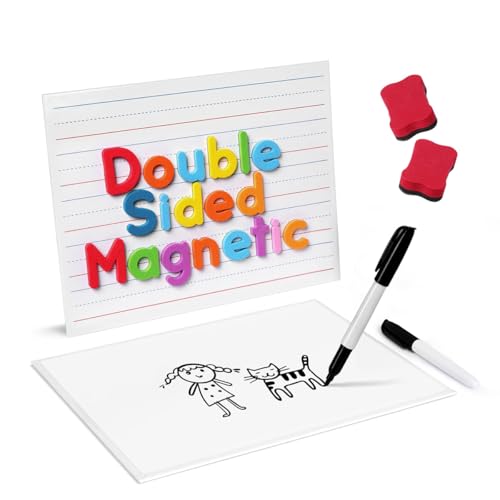 OFIFO® 2Pcs Magnetic Small White Board Cards - 30x23cm Double Sided Lined & Blank, Dry Erase Writing Boards with Sponge Eraser & Storage Bag for Kids, Students, School & Home Learning