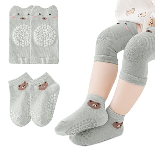 SNOWIE SOFT Baby Socks & Baby Crawling Knee Pads Summer Breathable Cotton Socks Anti-slip Design Knee Protector Cartoon Toddlers Socks Baby Knee Sleeves Shower Gift for Baby 0-12 Month