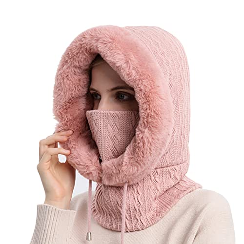 PALAY® Winter Caps for Women Girls One-piece Knit Thick Warm Winter Hat with Neck Hood Scarf & Windproof Mask, Fashion Snow Proof Fleece Lined Winter Hat for Outdoor, Riding, etc (Pink)