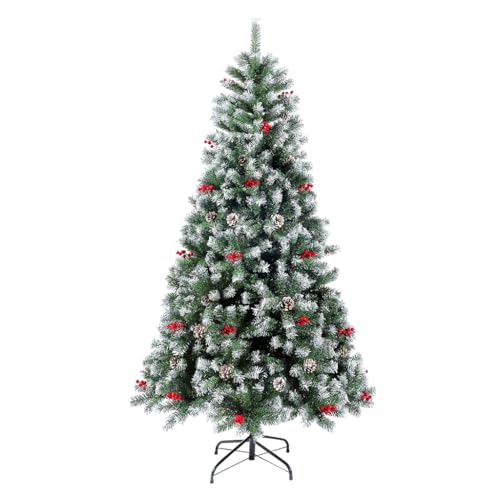PATPAT® 59'' Classic Artificial Christmas Tree with Snow Flocked Branches, Pinecones & Red Berries, Full Conical Shape, Sturdy Metal Stand, Christmas Holiday Decoration