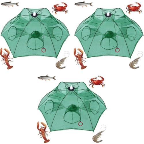 Proberos® Foldable Fishing Net Trap with Rope 6-Hole Collapsible Steel Bar Cage Automatic Folding Portable Nylon Bait for Fish Crab Lobster Minnow Shrimp Crawfish Outdoor Accessory 3 PCS