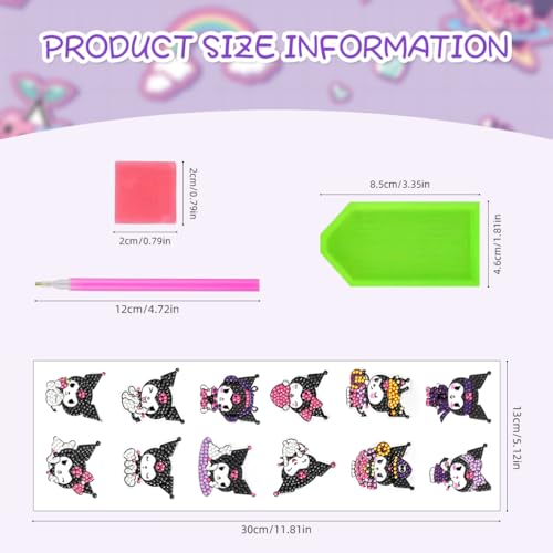 PATPAT® DIY Diamond Painting Art Kit Kuromi Stickers Material Kit with Tools 24PCS Cartoon Kawaii for Crafts Scrapbooking