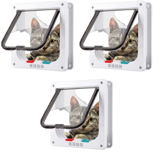 Qpets® Cat Door 4 Way Locking Pet Door for Small Dog Indoor House Flap Flexible in Out Lockable One Way Two Size L 3 PCS
