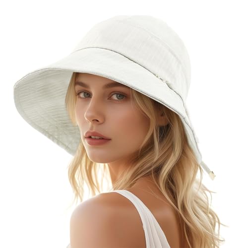 SANNIDHI® Sun Hat for Women Bucket Hat Wide Brim Sun Hat UV Protection Beach Hat with Chin Strap Outdoor Hat Fashion Women Sun Hat Adjustable Tie-Back Casual Sun Hat Mother's Day Gift, White