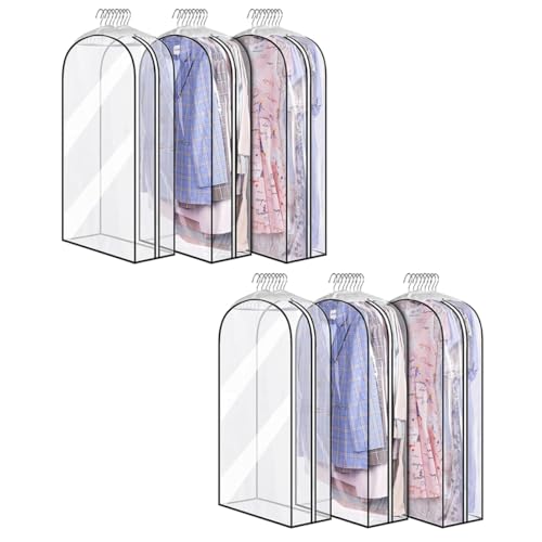 HASTHIP® 6PCS Clear Garment Bags for Hanging Clothes Suit Covers for Clothes, Dust-Proof Wardrobe Storage for Dresses, Sarees, Coats, Large Capacity Transparent Closet Organizer