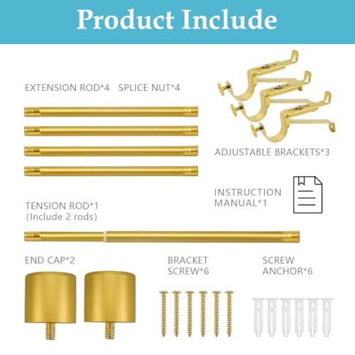 HASTHIP® Golden Curtain Rod for Windows 32-84 Inch Retractable Pipe Assembly Wall Mount Universal Rod 2PCS