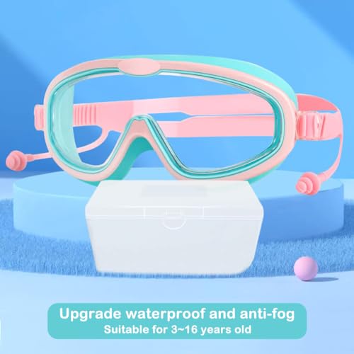 Proberos® Swimming Goggles for Kids with Ear Plugs, Big Frame Leakproof Swimming Goggles for Children Kids, Professional Swim Goggles with Anti Fog and UV Protection for Boys Girls for Age 2-16(Pink)