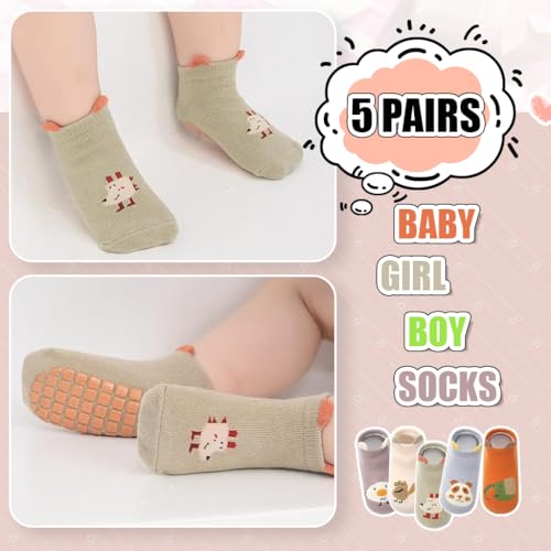 SNOWIE SOFT® 5 Pairs Baby Socks Set, Antislip Socks for New Born Baby 1-3 Years, Non Slip Grip Ankle Socks with Non Skid Soles for Infants Socks for Toddler Girls Boys 12-36 Month Baby Shower Gifts