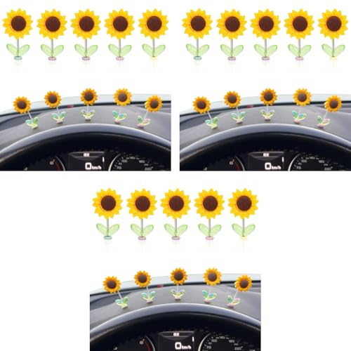 STHIRA® 15PCS Mini Sunflower Car Decoration 2.36 inches Swing Sun Flower Car Dashboard Decoration Items Self Adhesive Removable Resin Sun Flower Decoration for Car, Desk, Car Gadgets Latest 2025