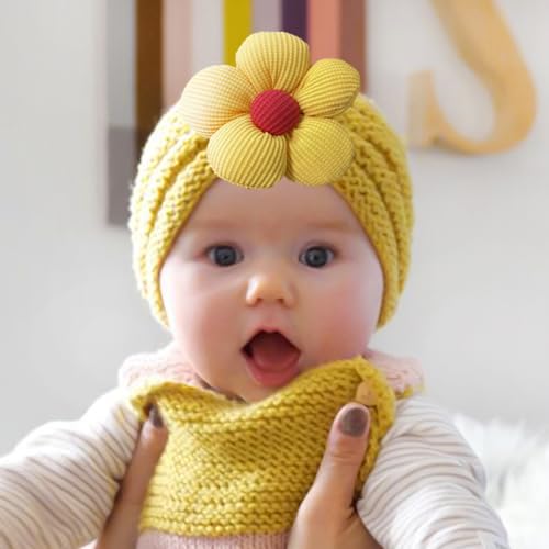 SNOWIE SOFT® 3Pcs Baby Hats for Girls Winter Cap for Kids Winter Hat Set Woolen Cap for Baby, Knitted Flower Cap Warm Beanie Toddler Stretchy Hat for 0 to 2 Years Baby Shower Gifts, Christmas Gift