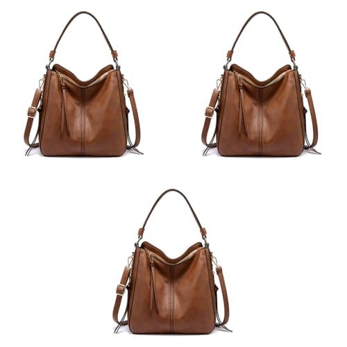 ZIBUYU® Tote Handbag for Women Fashion Faux Leather Classic Shoulder Crossbody Bags Lady Girl Solid Color Brown 3 PCS