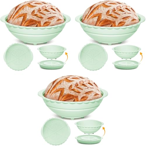 HASTHIP® 9.6-Inch Silicone Bread Basket Round Folding Proofing Food-Grade BPA-Free Non-Stick Baking Supplies for Sourdough Artisan (Green) 3 PCS