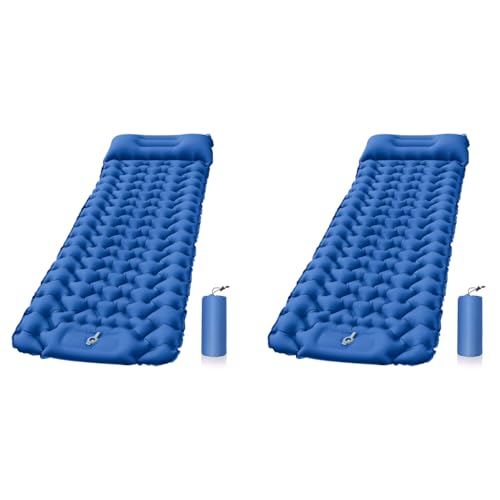 Proberos® Polyurethane Air Mattress with Pillow Built-in Foot Pump Portable Folding Camping Sleeping Bed Inflatable for Backpacking Hiking Traveling Tent Car Blue Single A 2PCS