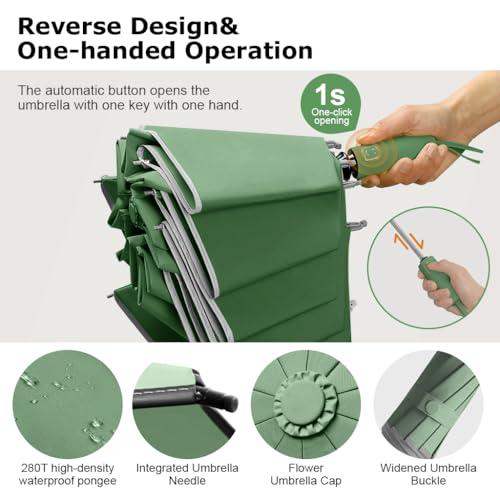 PALAY® Auto 3-Fold Large Umbrella with Reflective Strip 50 Inch Compact Travel Umbrella One-Touch Open Close Reinforced 10 Dual Ribs Sun Protection 99 Percent UV Rain Windproof for Men Women Green X 2