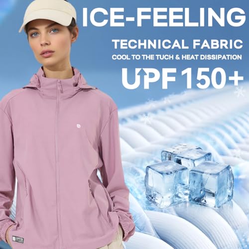 Venzina® UPF 150+ Sun Jacket for Women, Stylish UV Sun Protection Jacket, Cool Feel Quick Dry Sun Hoodie, Fashion Modern Fit with Removable Hat & Zip Pocket, Light Purple, XXL