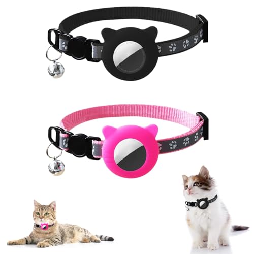 Qpets® Cat Collar with Silicone Airtag Holder, Adjustable Breakaway Design for Cats & Kittens, Soft Polyester, Bell Included, GPS Tracker Compatible, 8.7-10.8 Inches, Black & Pink
