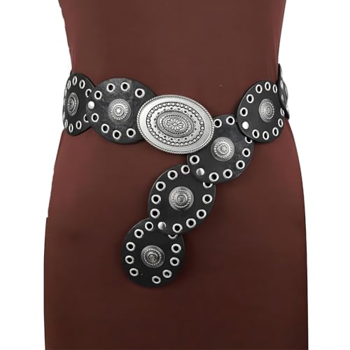 SANNIDHI® Women Wide Western Cowboy Disc Belt Vintage Cowgirl Concho Leather Belts Boho Style for Jeans Dress Skirt