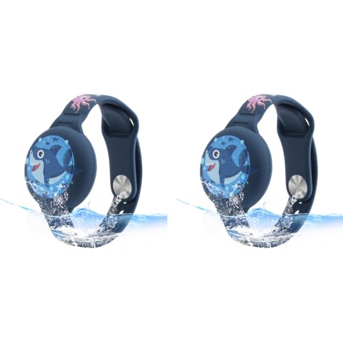 ZORBES® Kids Air Tag Bracelet Cartoon Shark Silicone Anti-Lost Waterproof Full Cover Protection Adjustable Wrist Band Blue 2PCS