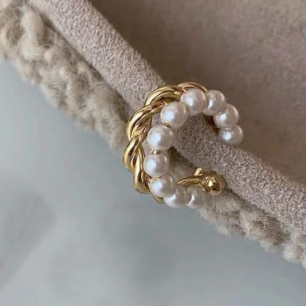 ZIBUYU® Pearl Braided Ear Cuffs Without Piercing Cartilage Clip Hoops Earrings For Women Ring Shape Fashion Embellished Non Pierce For Teen Girls Minimalist Jewelry Gifts 2PCS