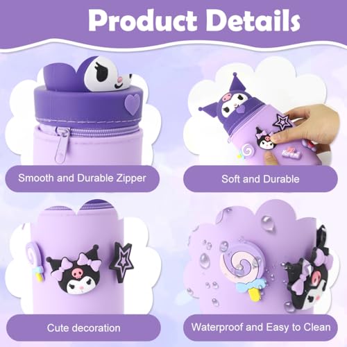 PATPAT Kawaii Pencil Pouch Pen Holder for Girls Sanrio Cartoon Kuromi Silicone Pencil Pouch DIY Fun Pen Holder with Kuromi Charms School Stationeries Bag Birthday Gift Christmas Gift for Girls