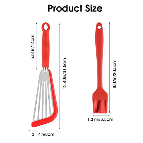 HASTHIP® Stainless Steel Fish Spatula and Silicon Oil Brush Set, Slotted Fish Turner Spatula, 12.4 inch Long Silicone Nonstick Fish Spatulas for Cookware, Anti-Scald Silicon Handle, Red