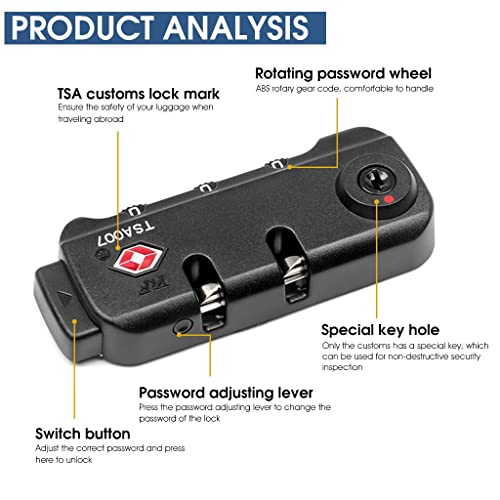 ZIBUYU® TSA Lock for Luggage Suitcase TSA Security Lock Customs Lock TSA007 Approved Zipper Bags Fixed Lock for Luggage Travel 3 Bit Digital Combination Luggage Lock